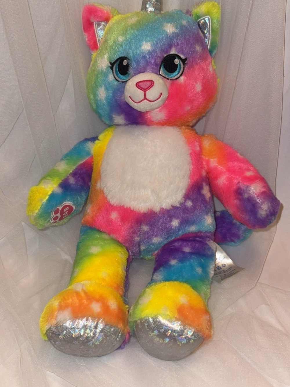 Build-A-Bear Rainbow Tie-Dye Unicorn Cat Plush with Silver Accents